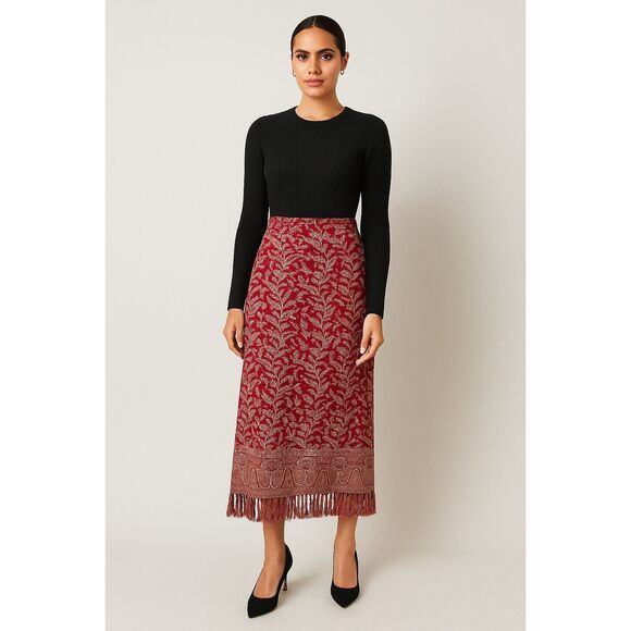 Vintage Nouveaux Red Paisley Print With Fringe Hem Straight Maxi Skirt - Picture 2 of 10